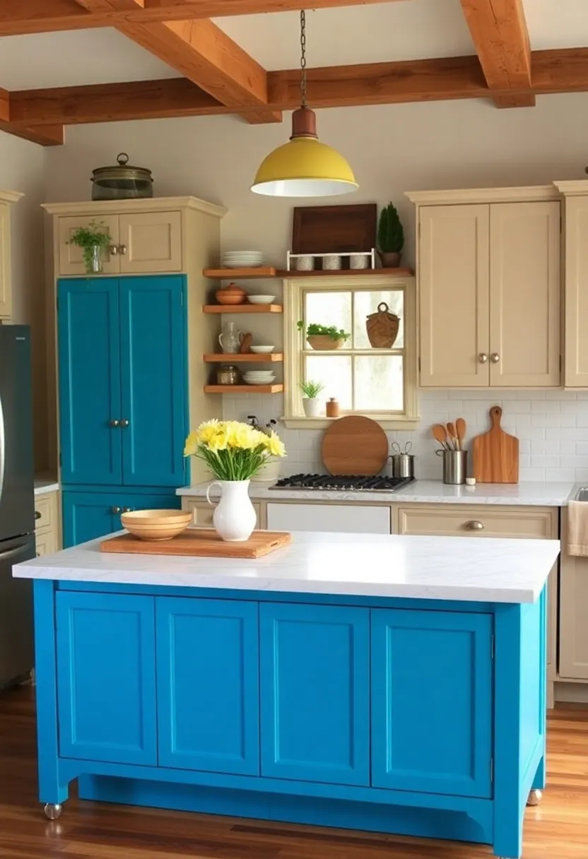 16 Rustic Kitchen Island Ideas That Bring Warmth to Your Home (Wait Until You See #4!) - 14. Colorful Accent Island